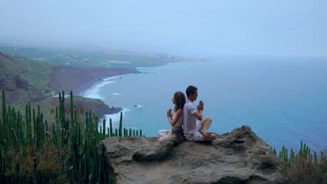 A-man-and-woman-atop-a-mountain-sit-on-a-rock-back-to-back,-engaging-in-meditation-and-yoga-while-absorbing-the-ocean's-serenity